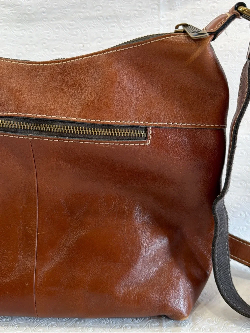 Patricia Nash Bag Brown Italian Leather Purse Zip Top Tote Hobo Crossbody Large